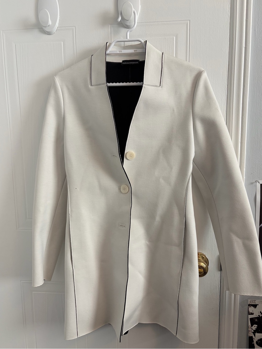 Men’s Emporio Armani white leather coat, with black contrast trim